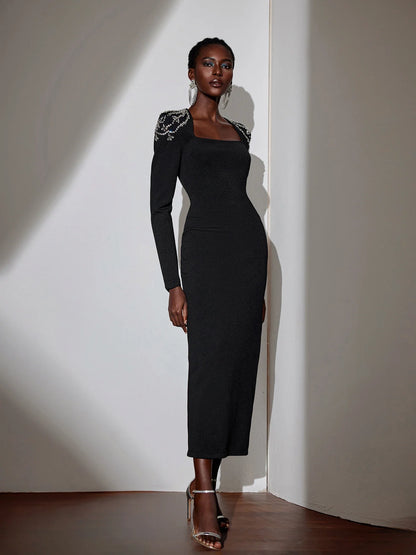 Rhinestone Strap Square Neck Maxi Dress