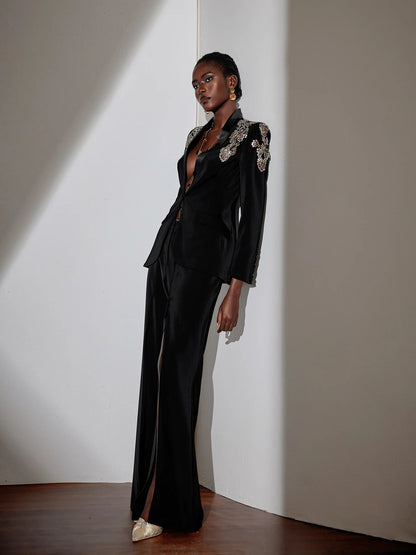 Elegant Black V-Neck Pantsuit with Rhinestone Blazer