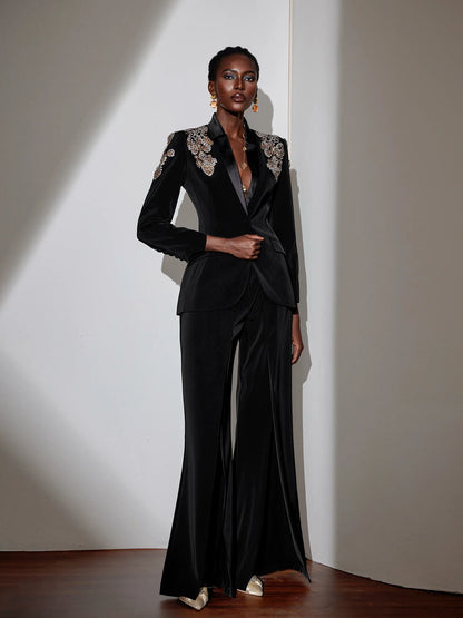 Elegant Black V-Neck Pantsuit with Rhinestone Blazer