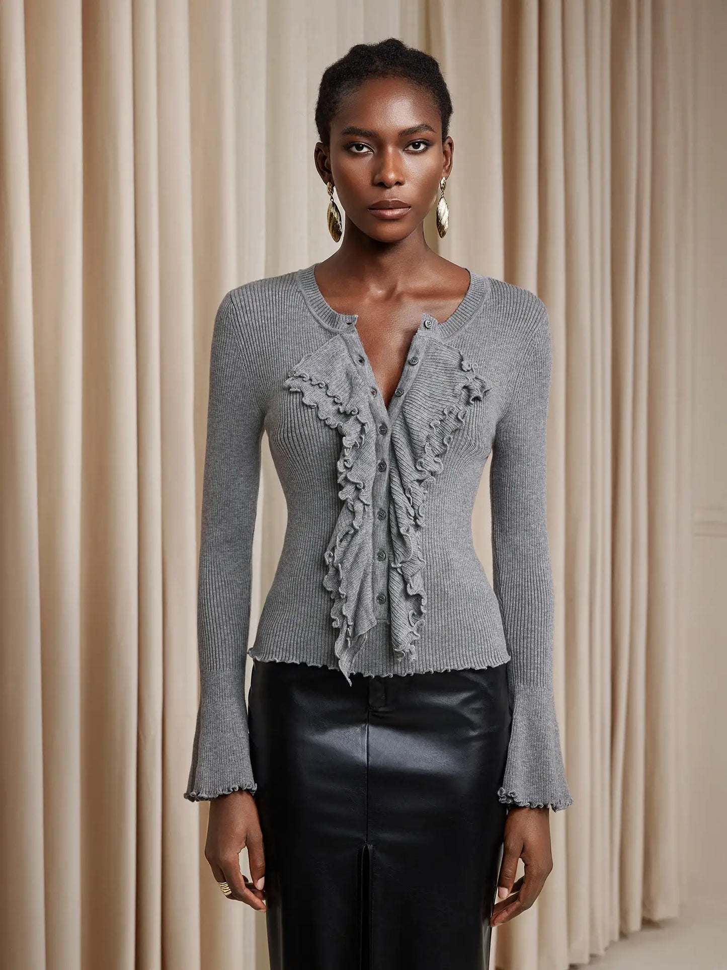Ruched Front Ruffle Trim Top
