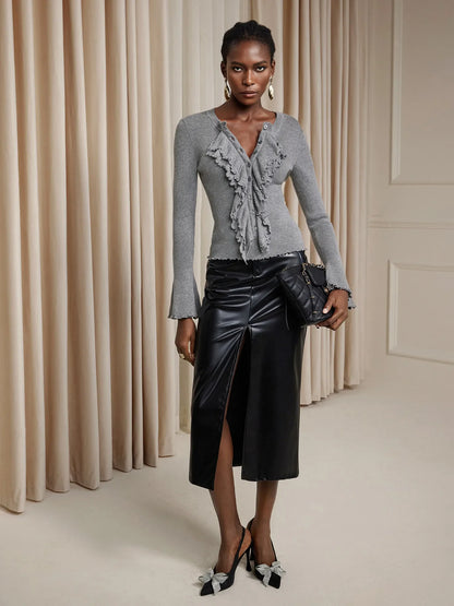 Ruched Front Ruffle Trim Top