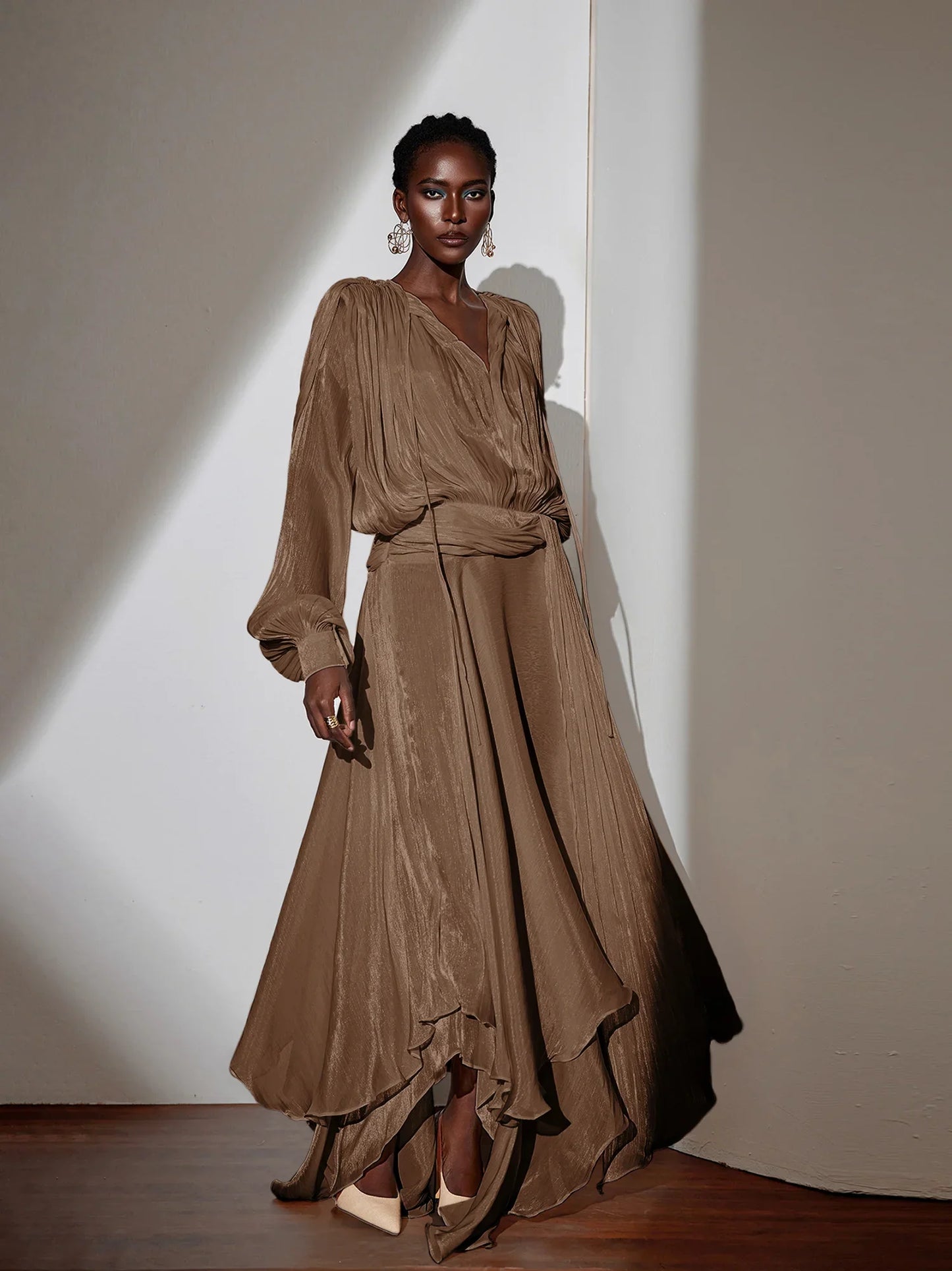 Brown Satin Tie-Strap Maxi Dress