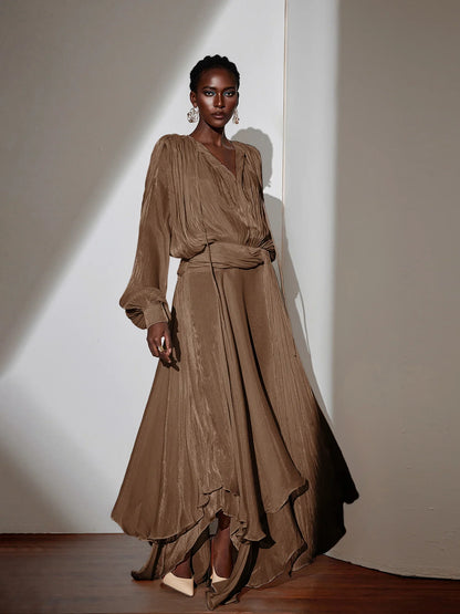 Brown Satin Tie-Strap Maxi Dress