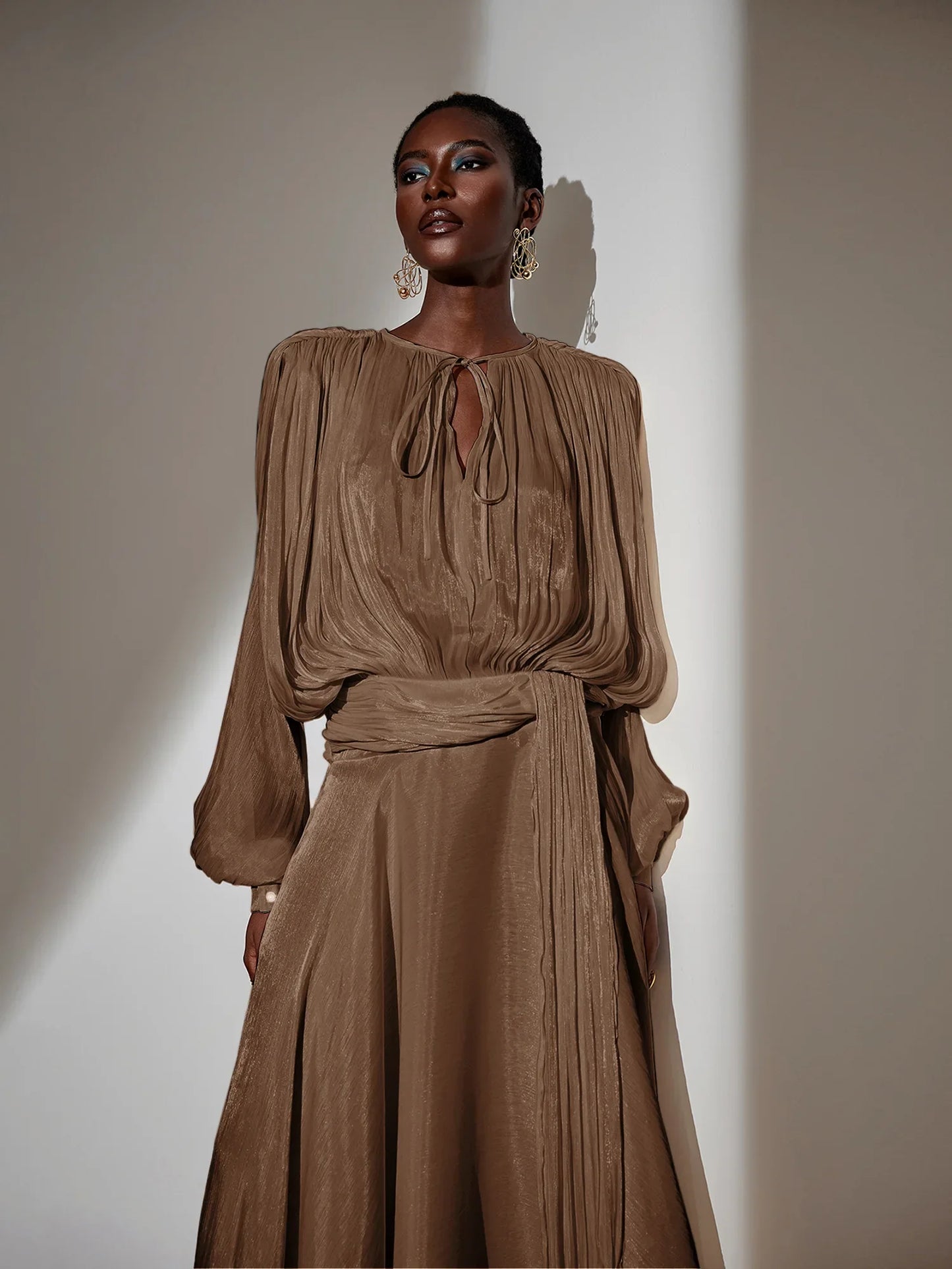 Brown Satin Tie-Strap Maxi Dress