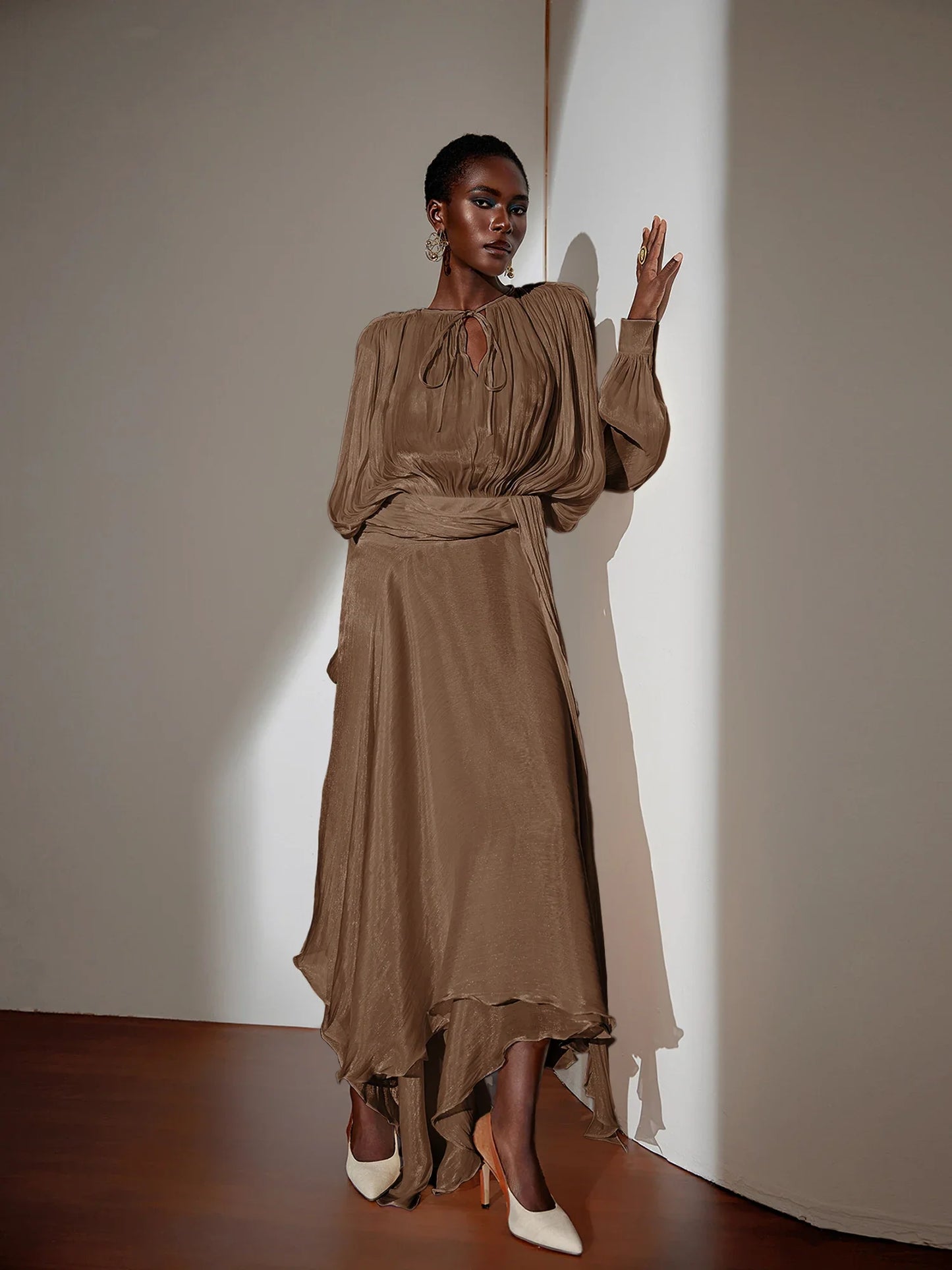 Brown Satin Tie-Strap Maxi Dress