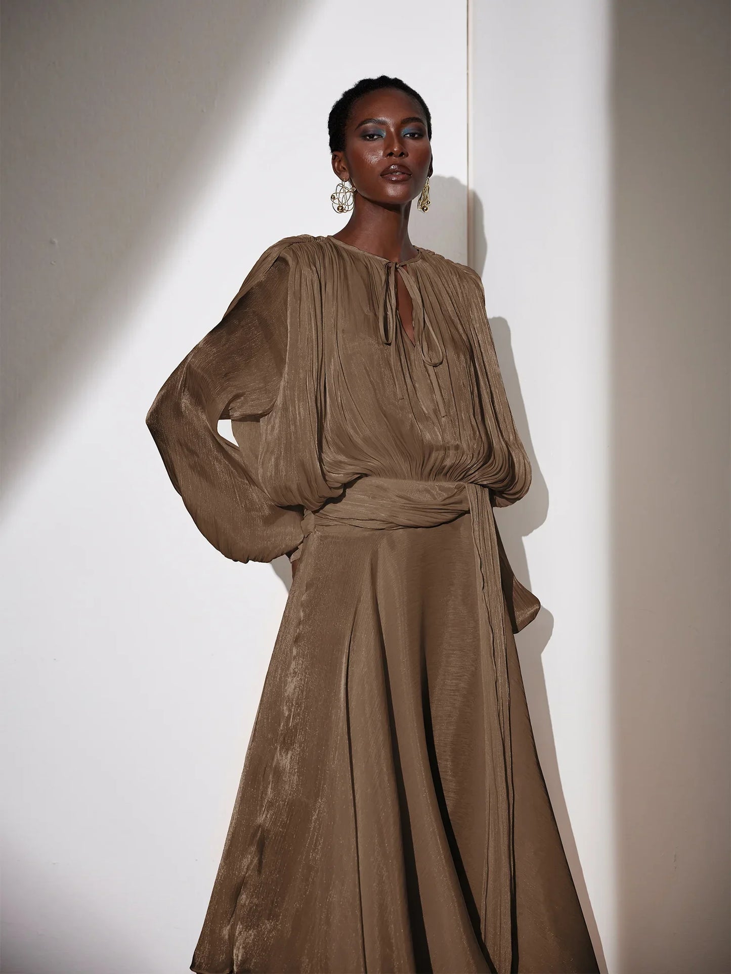 Brown Satin Tie-Strap Maxi Dress
