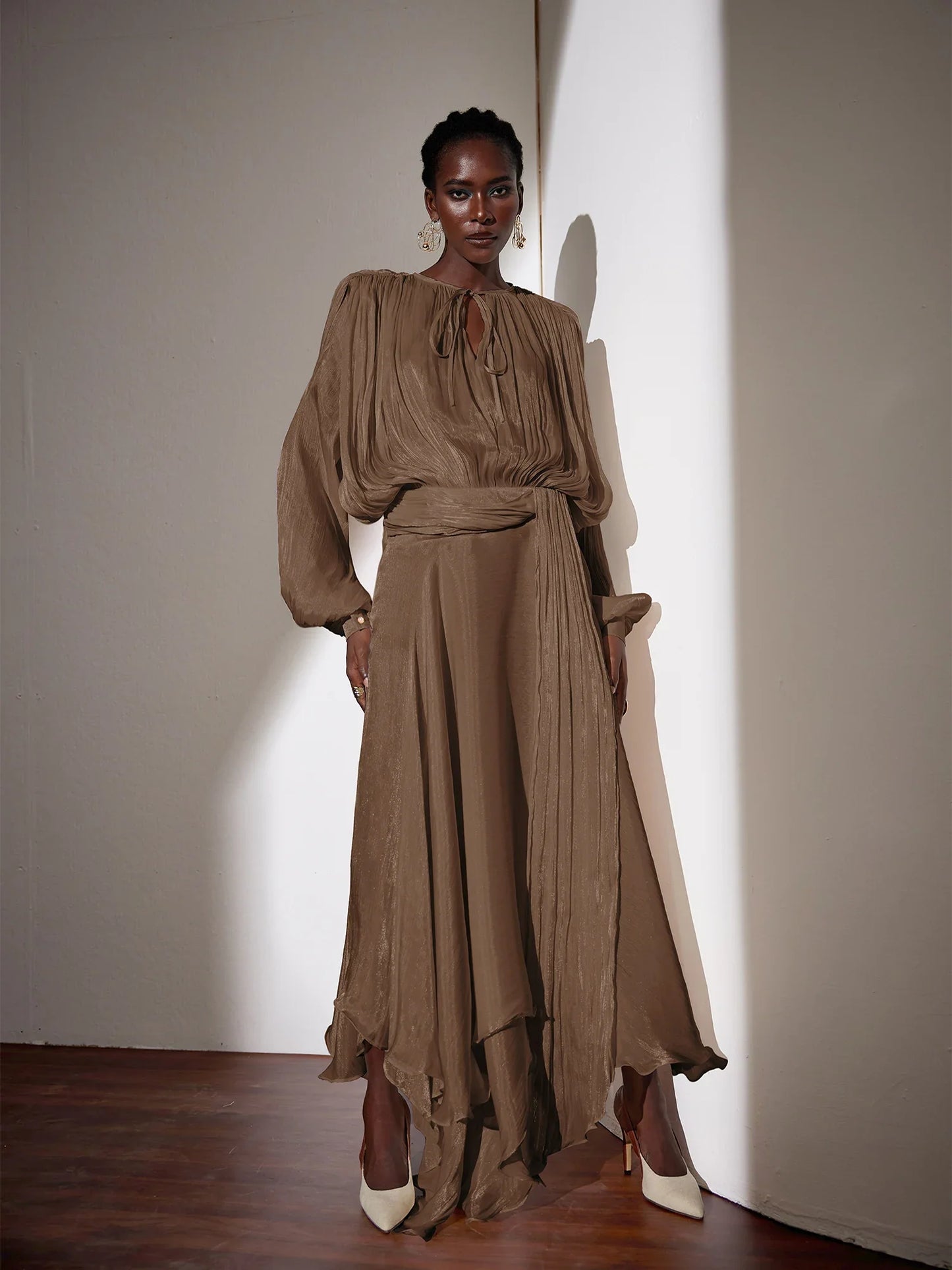 Brown Satin Tie-Strap Maxi Dress