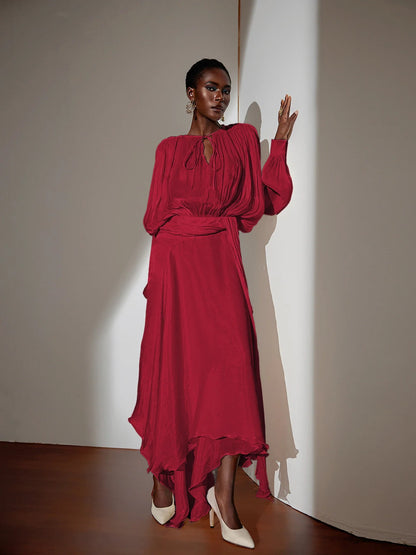Brown Satin Tie-Strap Maxi Dress