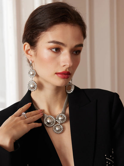 Silver Large Flower Beaded Necklace Earring Set