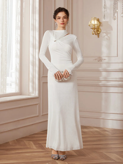 White Asymmetric Metal Wedding Maxi Dress