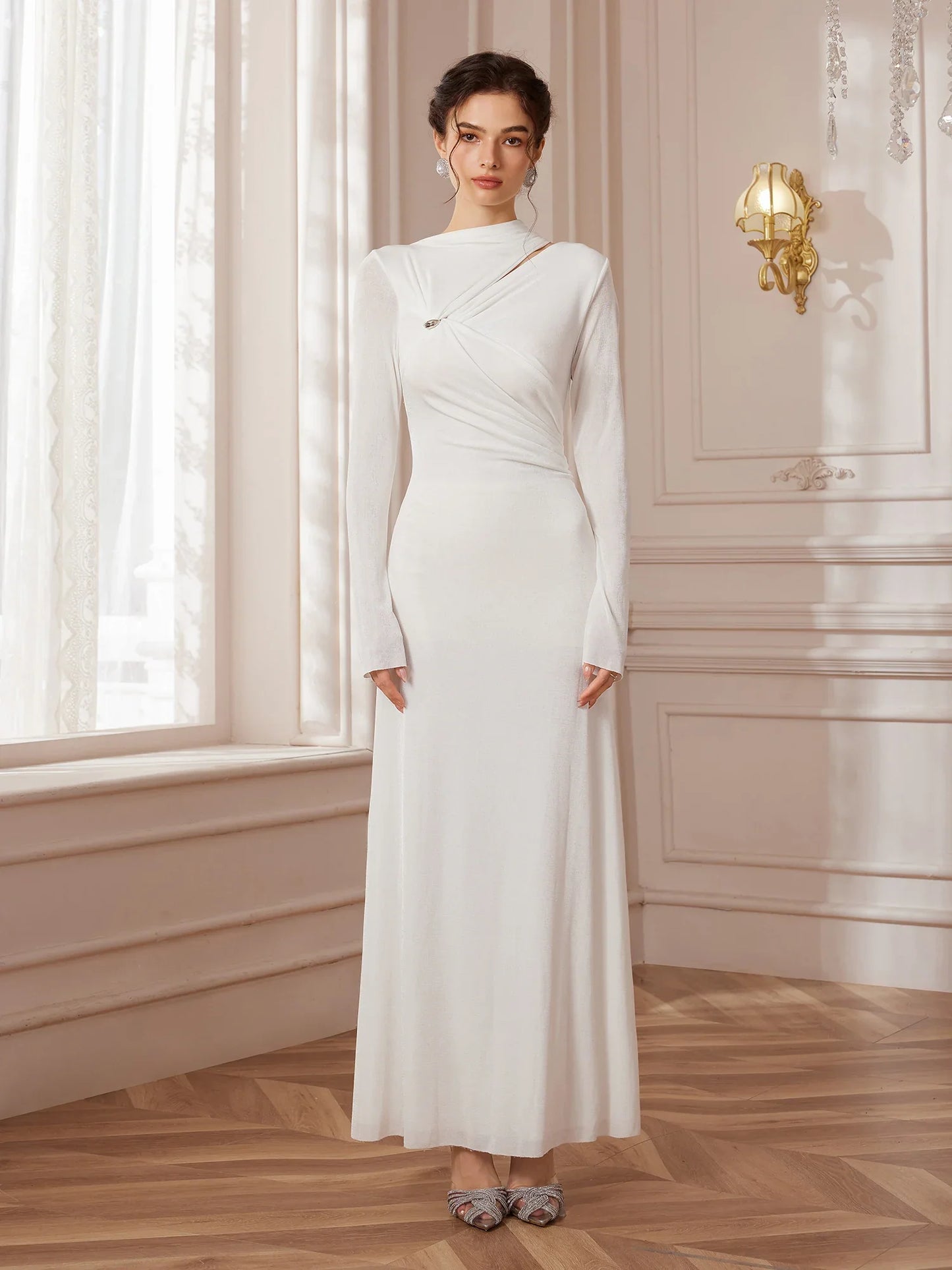 White Asymmetric Metal Wedding Maxi Dress