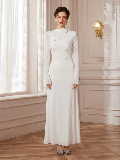 White Asymmetric Metal Wedding Maxi Dress