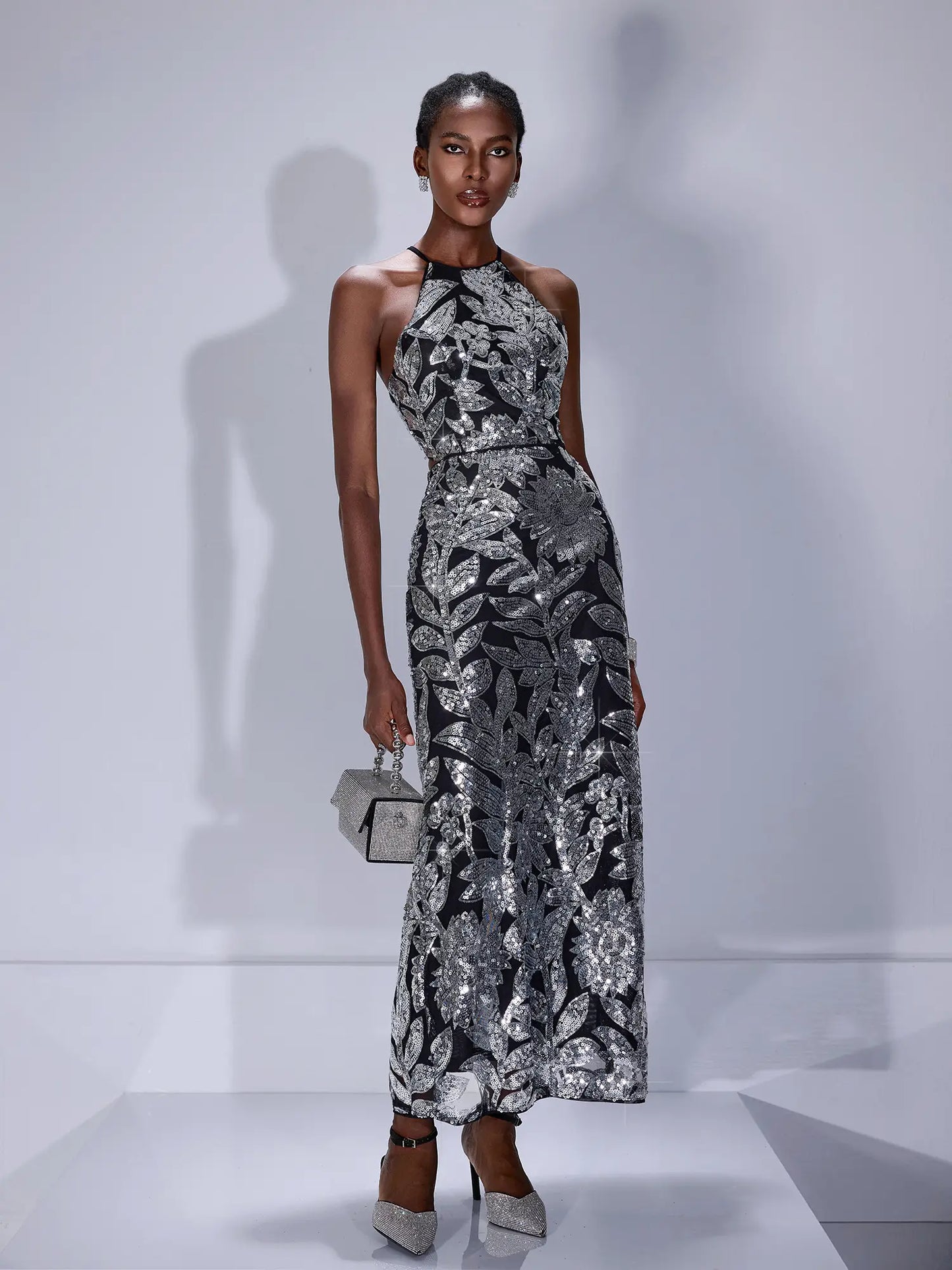 Sparkly Silver Print Midi Dress
