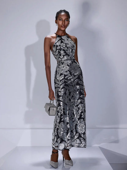 Sparkly Silver Print Midi Dress