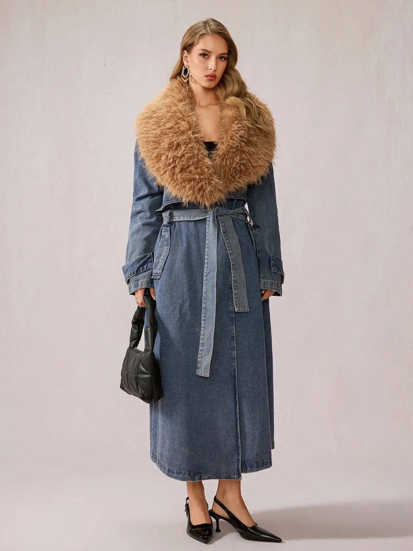 Stylish Denim Plush Collar Coat