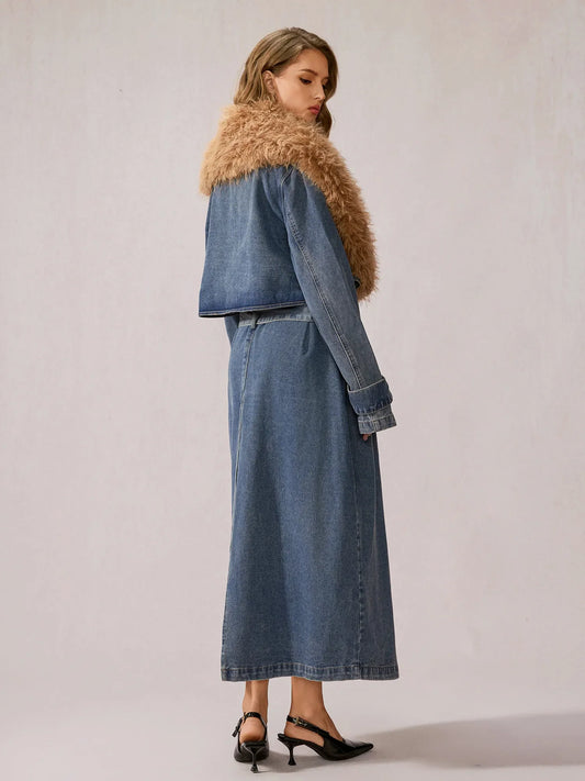 Stylish Denim Plush Collar Coat