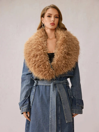 Stylish Denim Plush Collar Coat