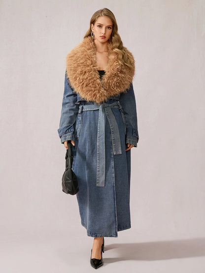 Stylish Denim Plush Collar Coat