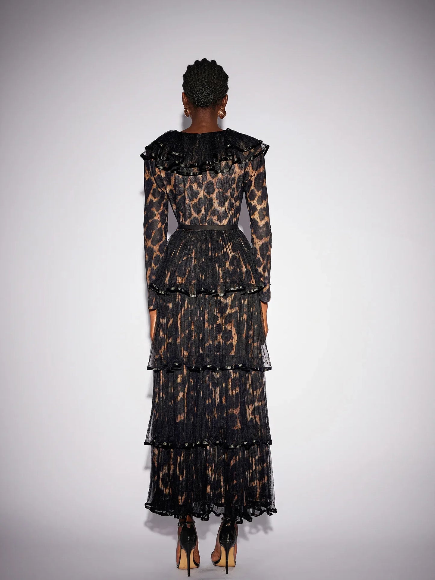 V-Neck Leopard Pleated Mesh Maxi Dress