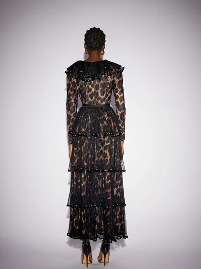 V-Neck Leopard Pleated Mesh Maxi Dress