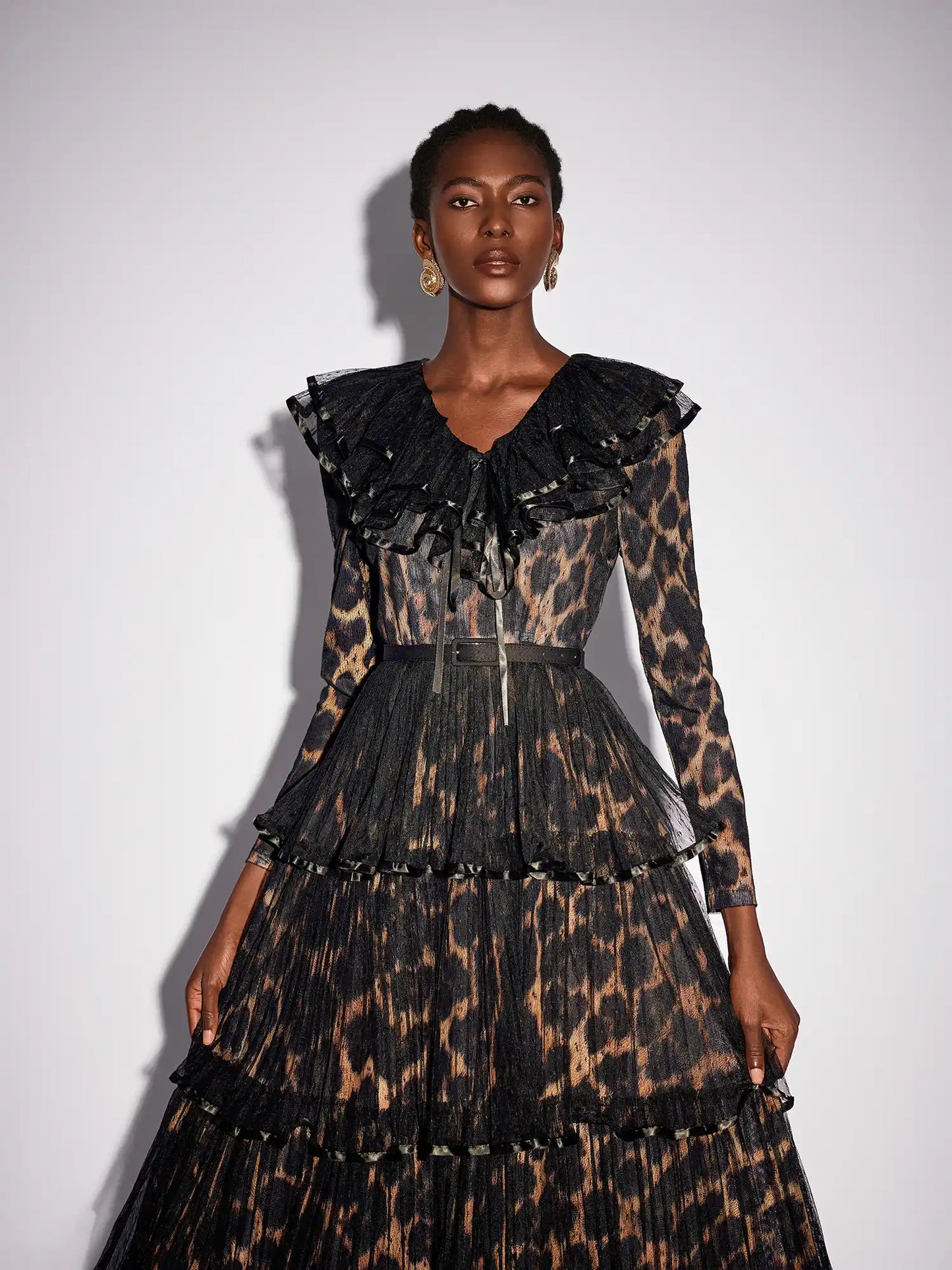 V-Neck Leopard Pleated Mesh Maxi Dress