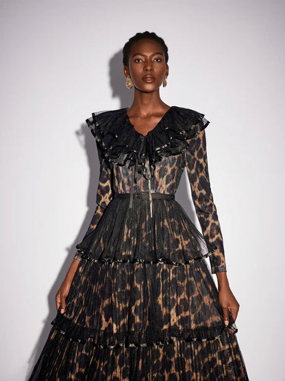 V-Neck Leopard Pleated Mesh Maxi Dress