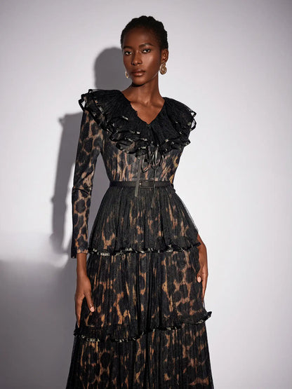 V-Neck Leopard Pleated Mesh Maxi Dress