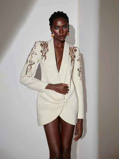 White V-Neck Blazer Mini Dress Rhinestone Shoulder