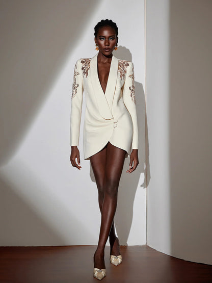 White V-Neck Blazer Mini Dress Rhinestone Shoulder