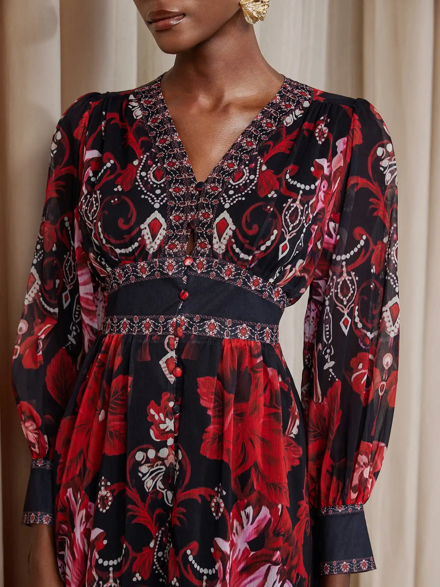 V-Neck Printed Vintage Midi Dress