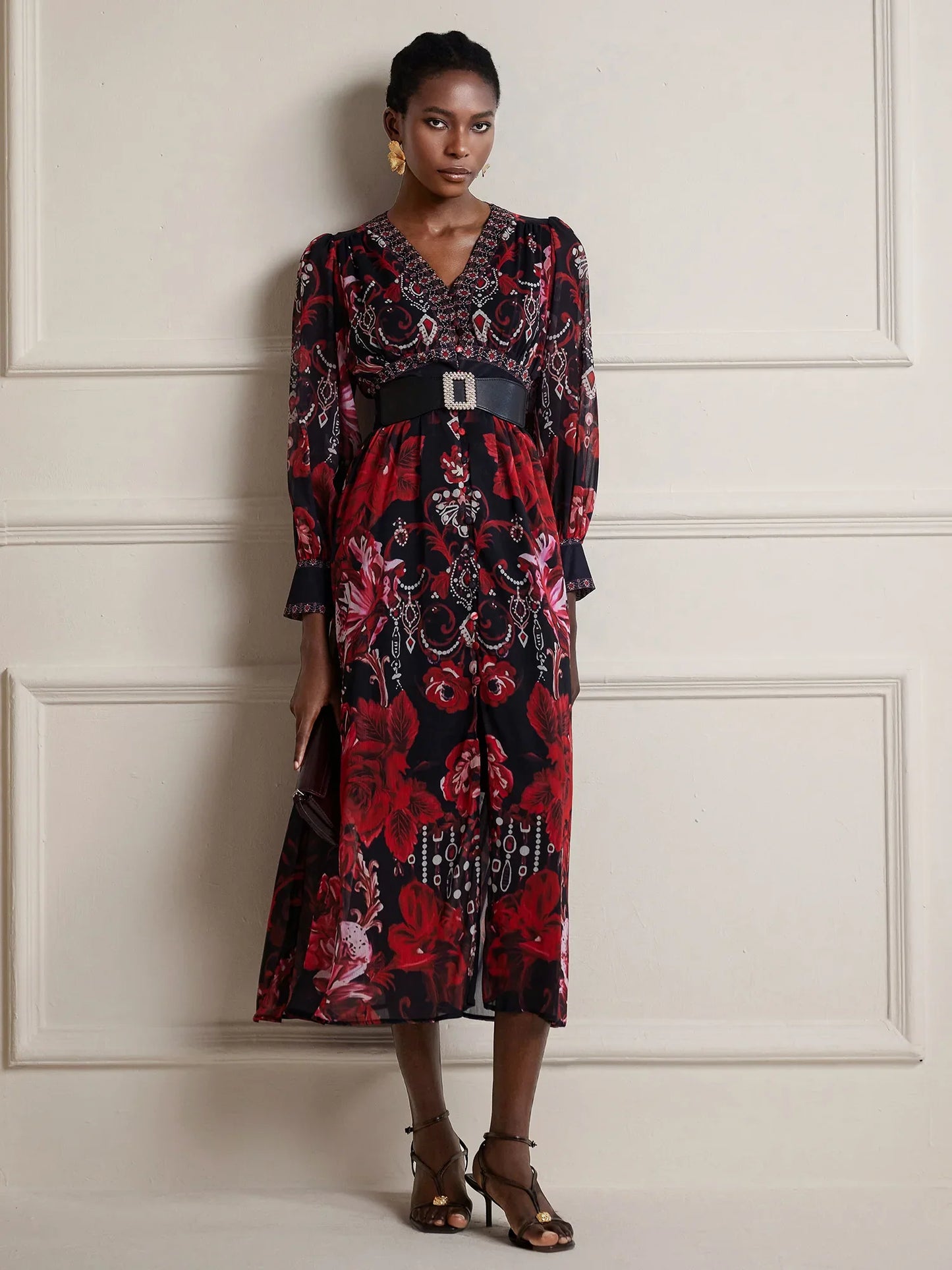 V-Neck Printed Vintage Midi Dress