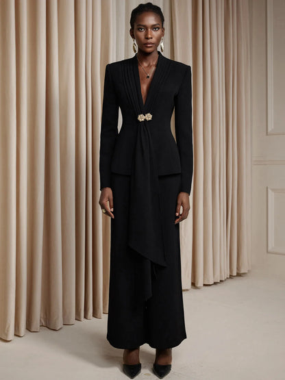 V-Neck Suit with Metal Button Two-Piece Set