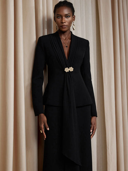 V-Neck Suit with Metal Button Two-Piece Set