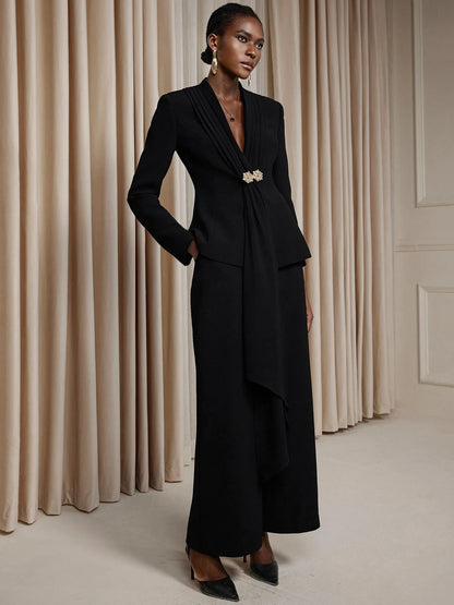 V-Neck Suit with Metal Button Two-Piece Set