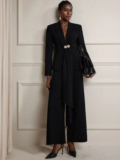V-Neck Suit with Metal Button Two-Piece Set