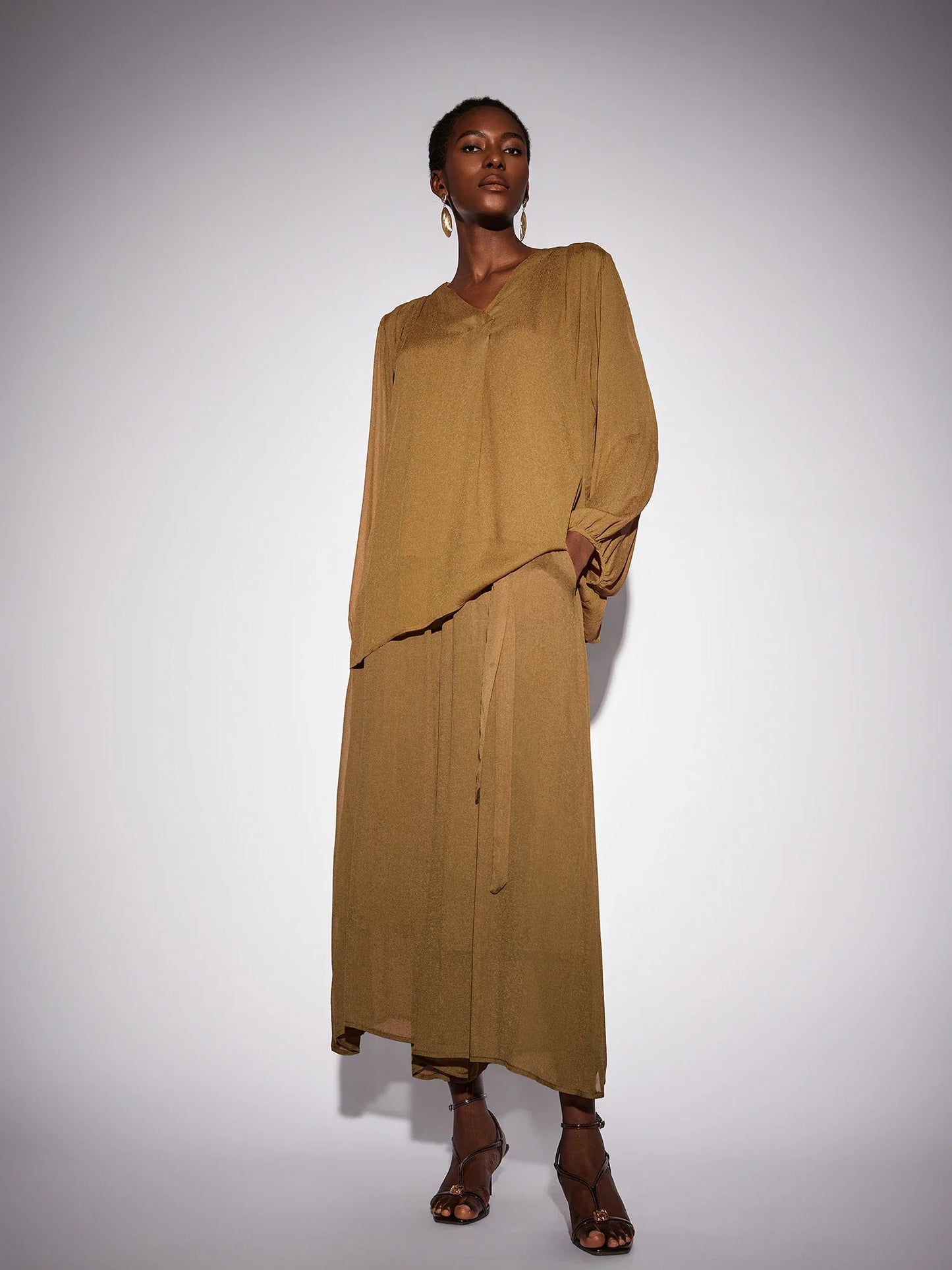 Vintage Brown V-Neck Mesh Two-Piece Set