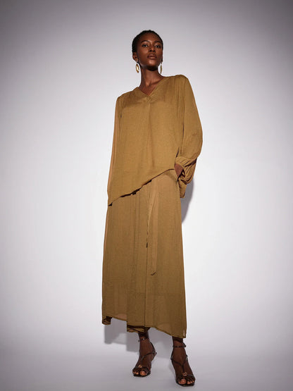Vintage Brown V-Neck Mesh Two-Piece Set