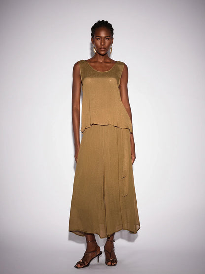 Vintage Brown V-Neck Mesh Two-Piece Set