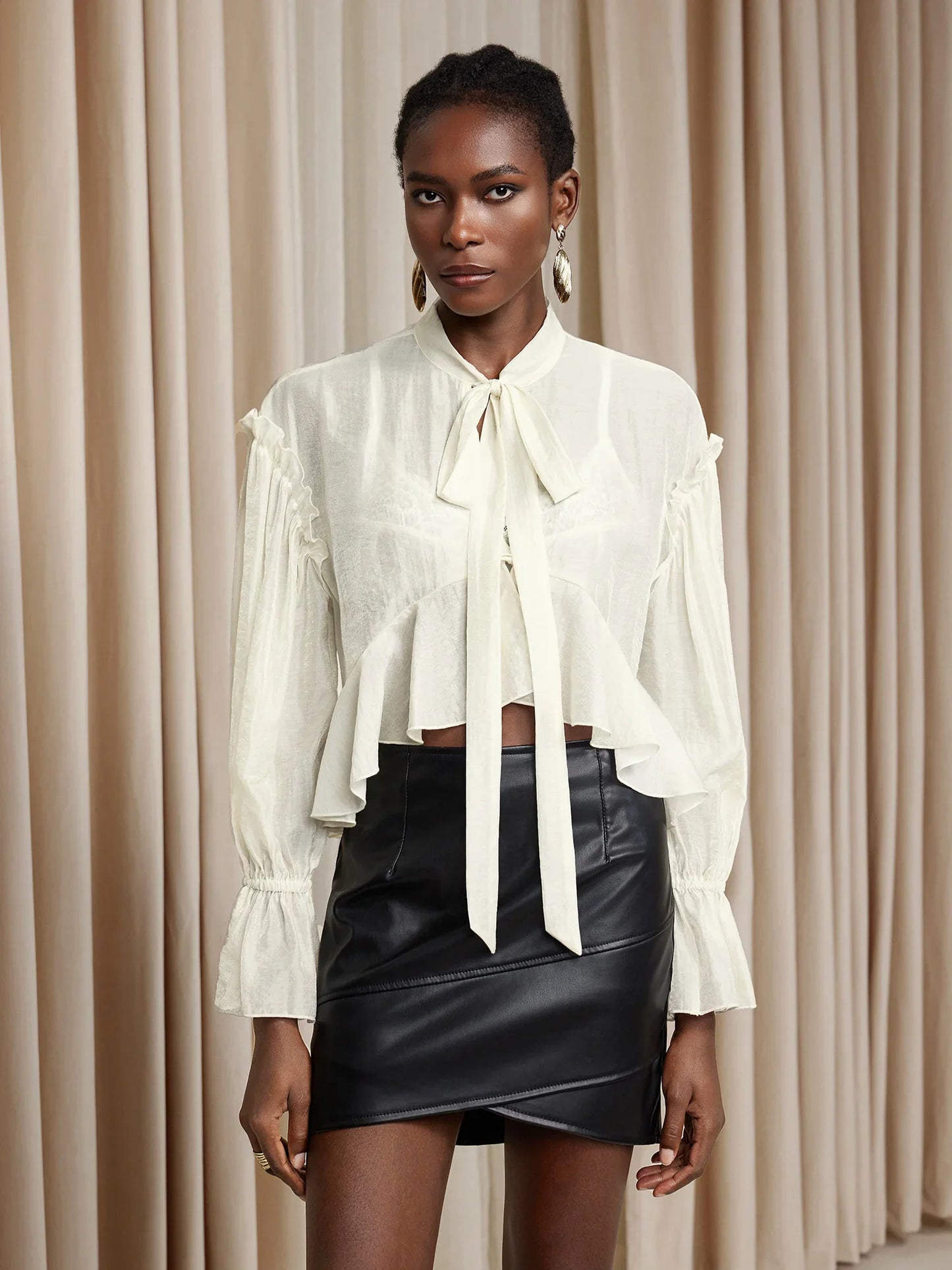 White Cropped Ruffle Ruched Tie-Up Top