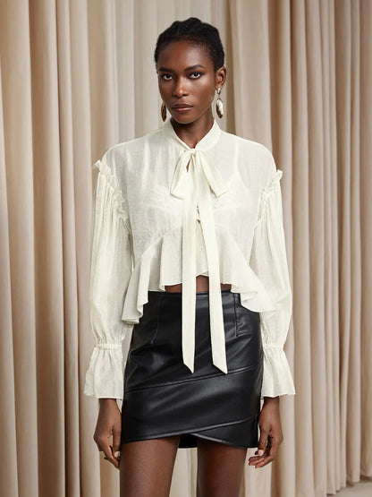 White Cropped Ruffle Ruched Tie-Up Top