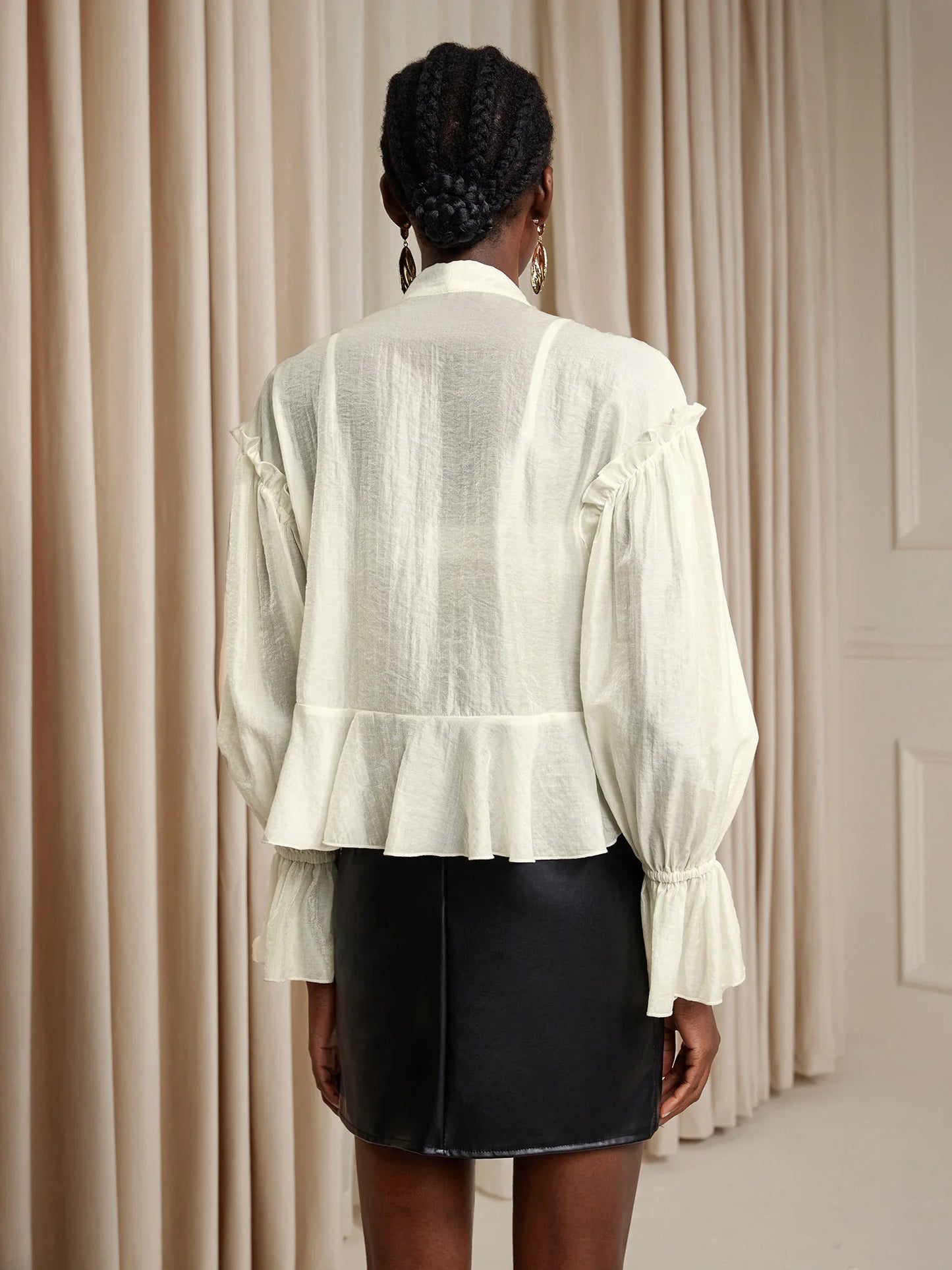 White Cropped Ruffle Ruched Tie-Up Top