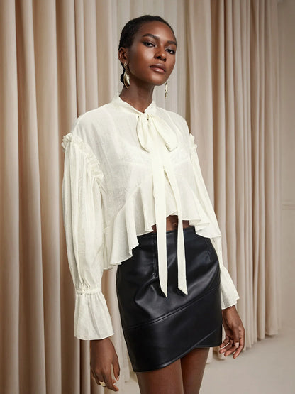 White Cropped Ruffle Ruched Tie-Up Top