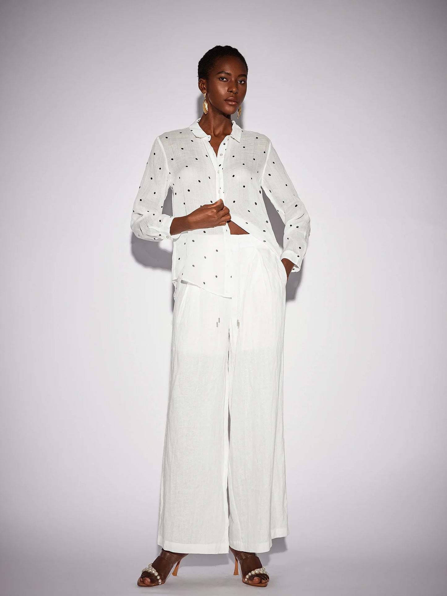 White Dot Shirt Two-Piece Set