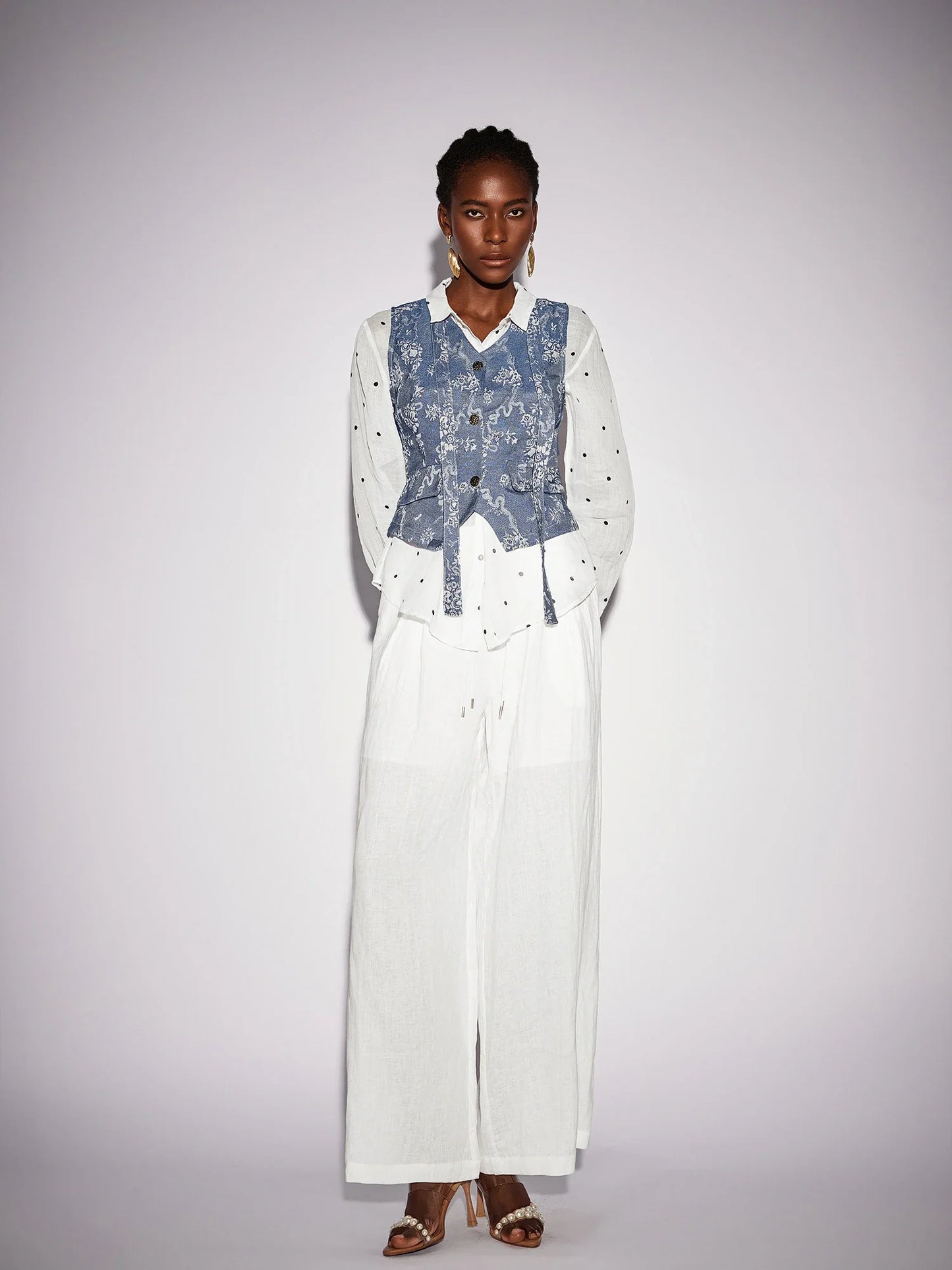 White Dot Shirt Two-Piece Set with Floral Blue Waistcoat