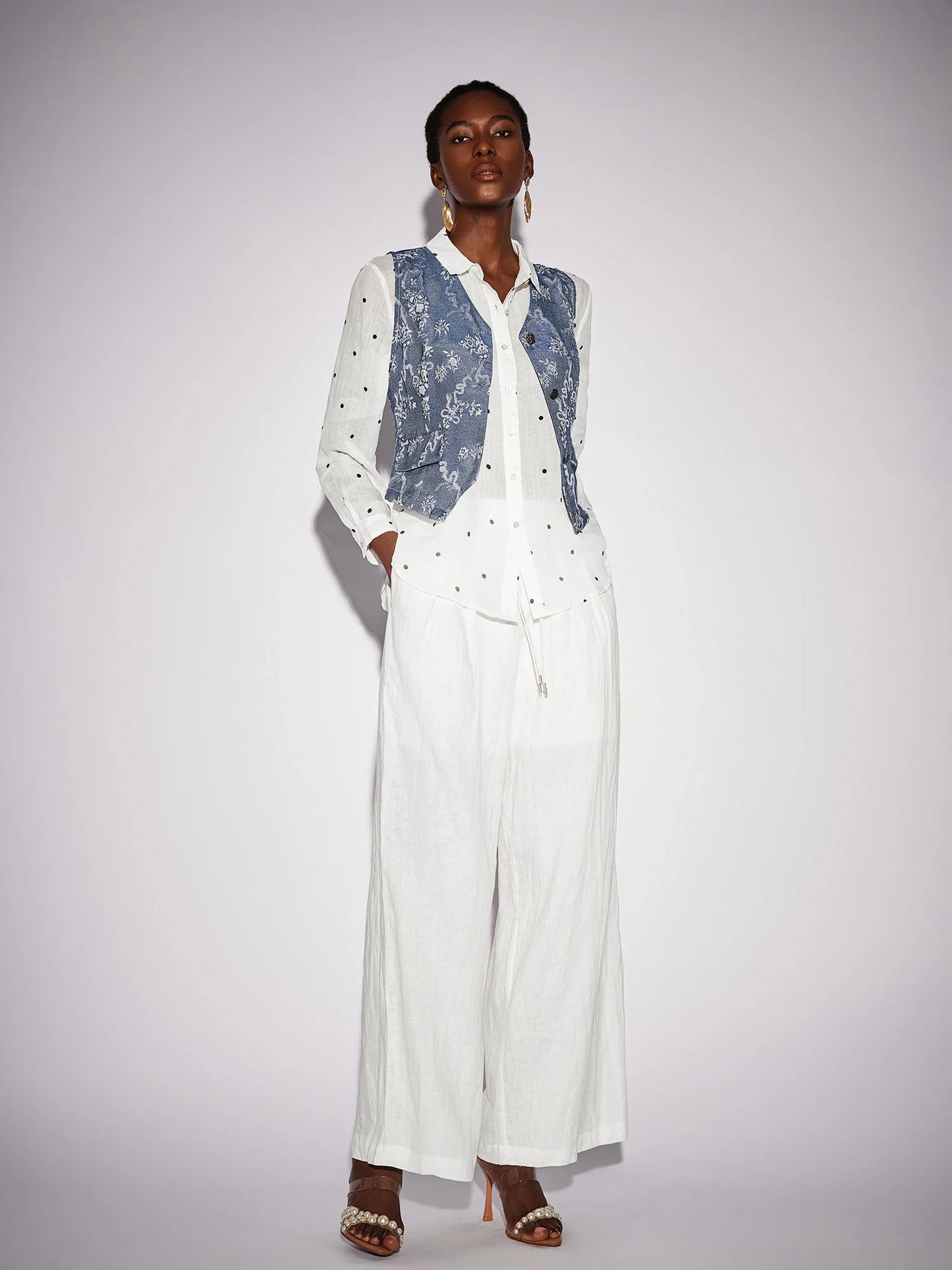 White Dot Shirt Two-Piece Set with Floral Blue Waistcoat