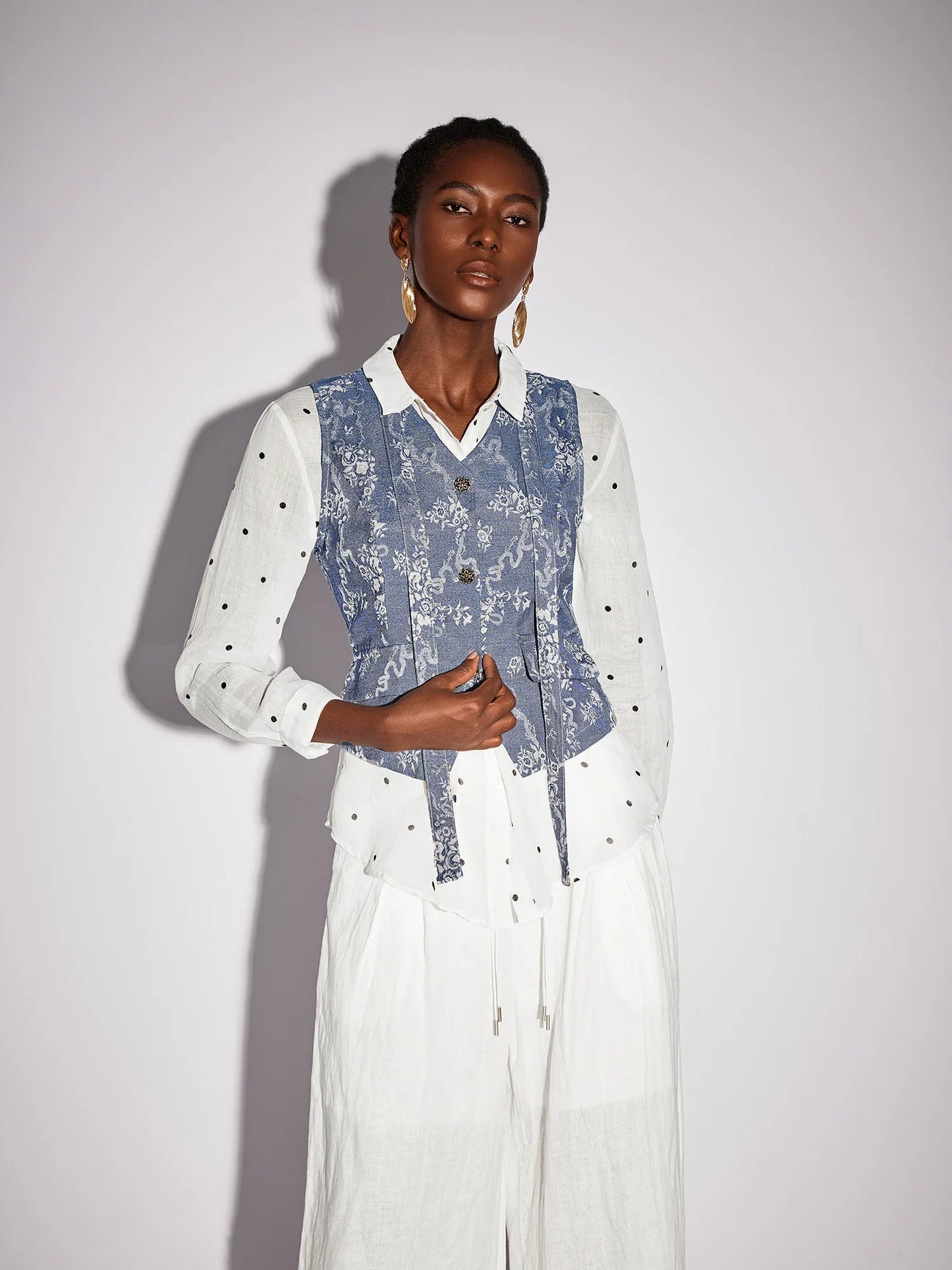 White Dot Shirt Two-Piece Set with Floral Blue Waistcoat