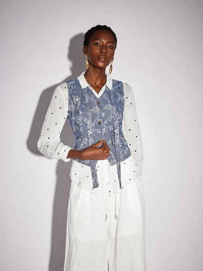 White Dot Shirt Two-Piece Set with Floral Blue Waistcoat