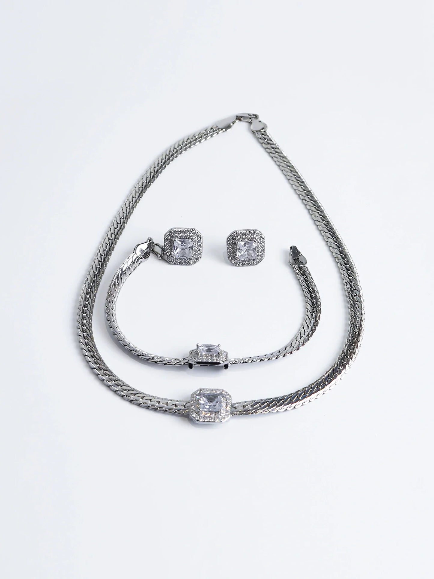 White Gold Bracelet Necklace and Earrings Set