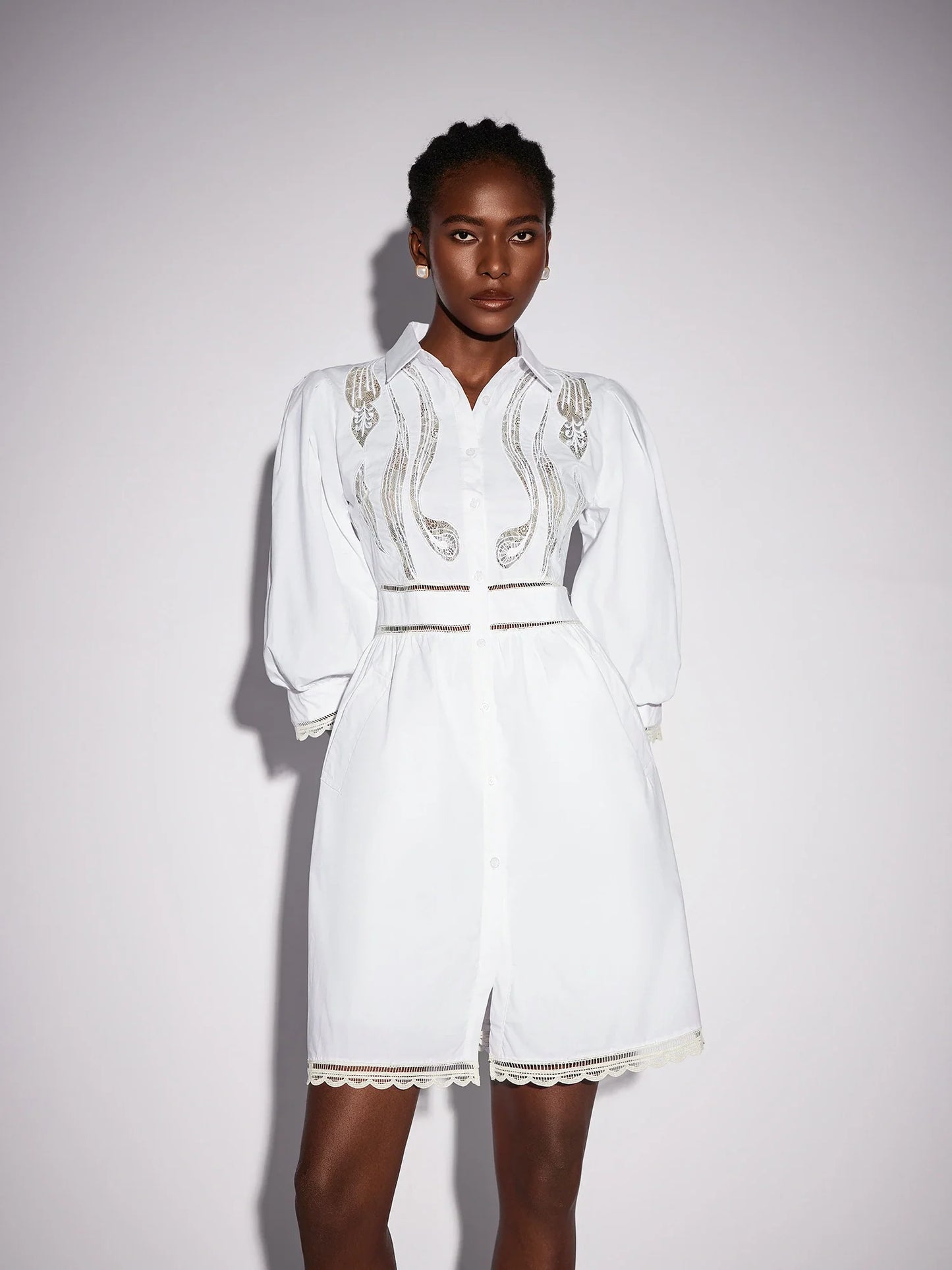 White High Neck Hollow-Out Patterned Mini Dress