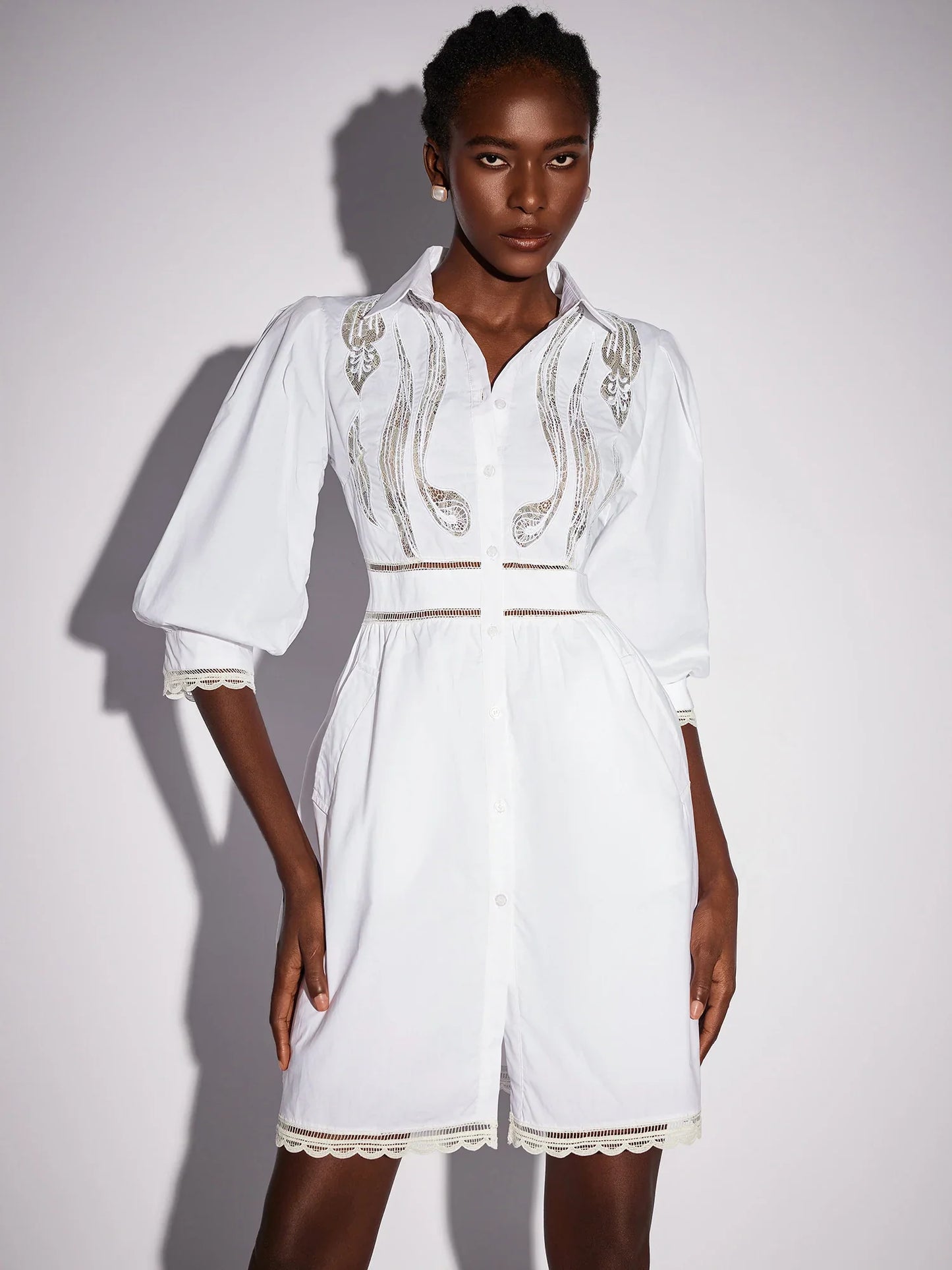 White High Neck Hollow-Out Patterned Mini Dress